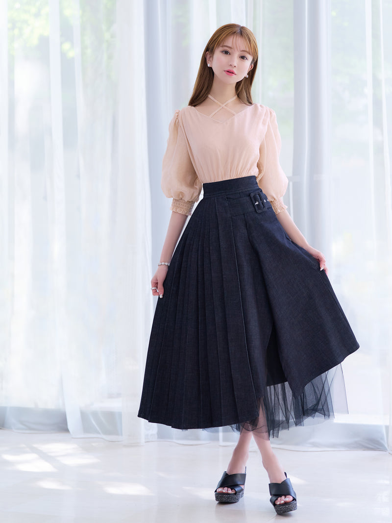 エミリアウィズ La mode belted tulle skirt インディゴ 