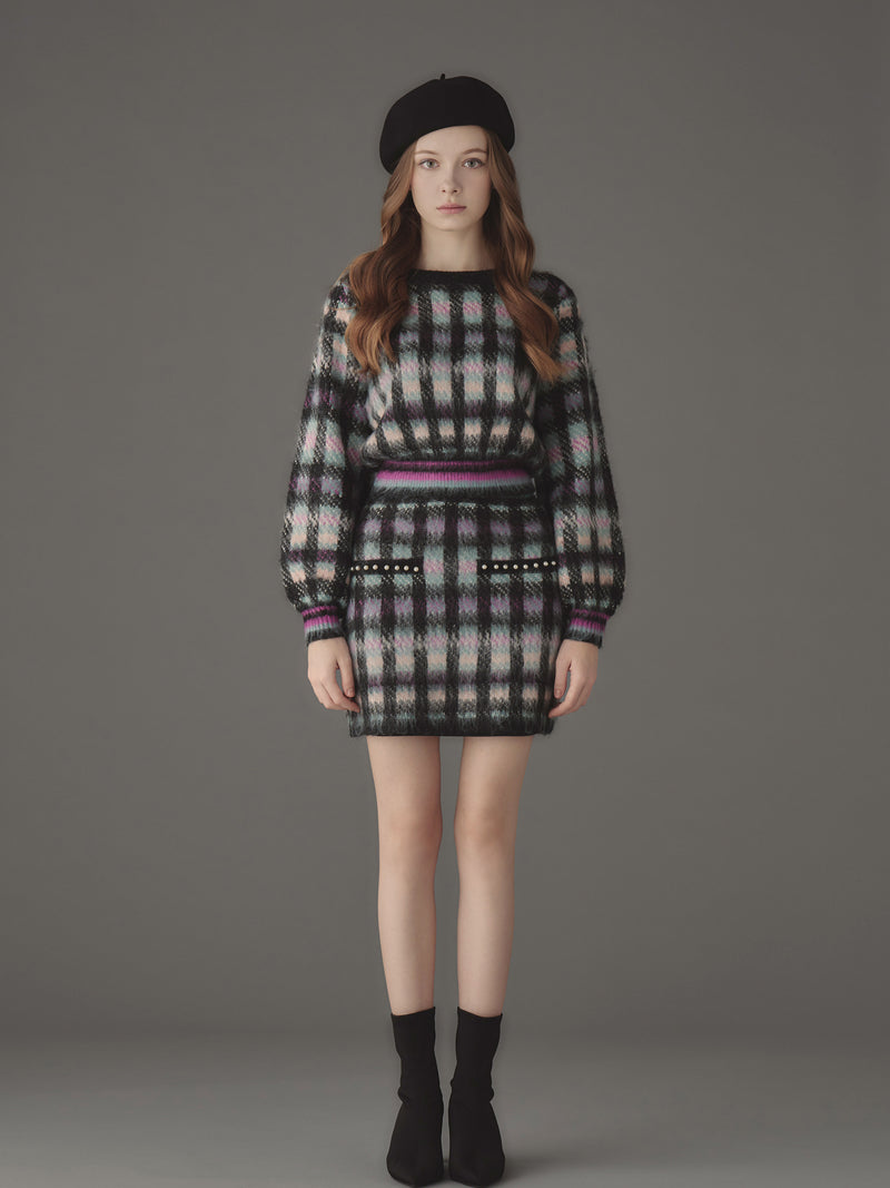 Cotton cloud check knit tops