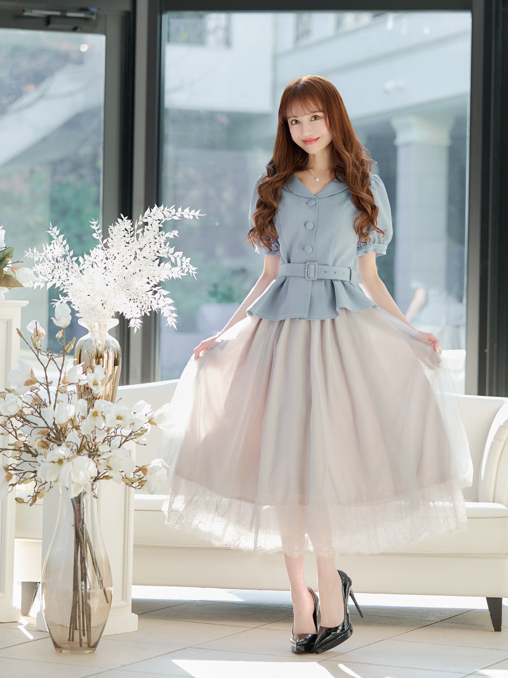 Puff-sleeve tulle one-piece| エミリアウィズ 公式オンラインストア