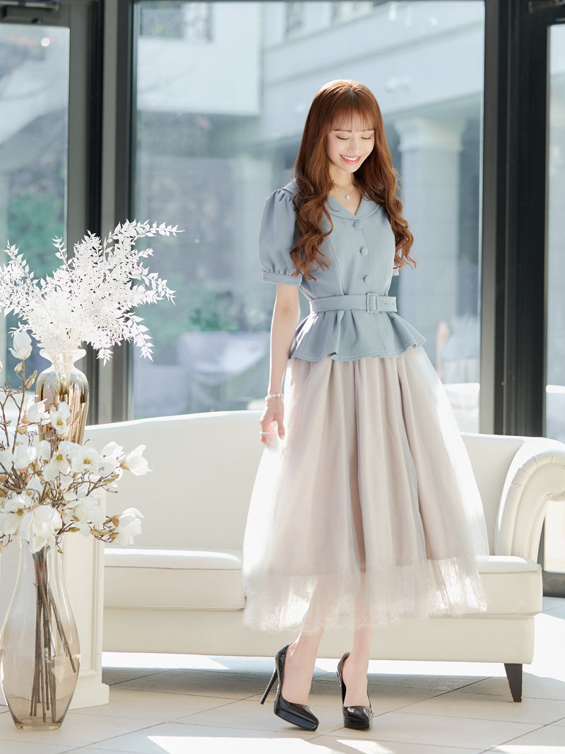 Puff-sleeve tulle one-piece