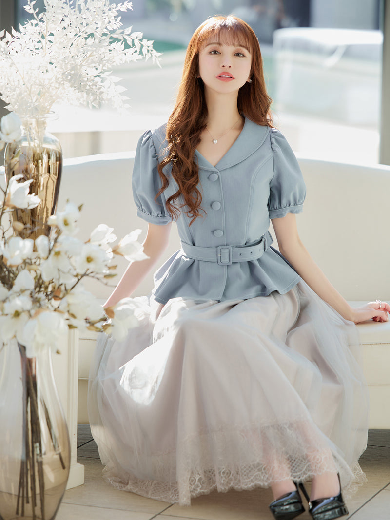 Puff-sleeve tulle one-piece