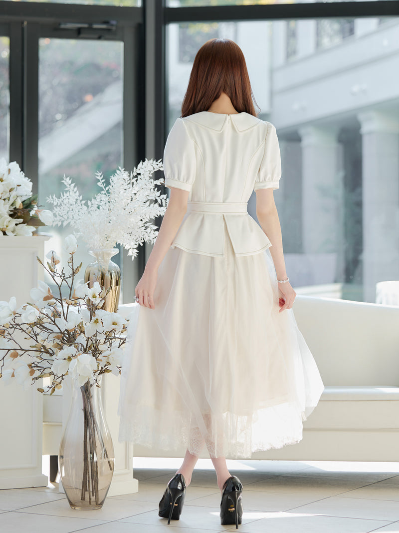 Puff-sleeve tulle one-piece