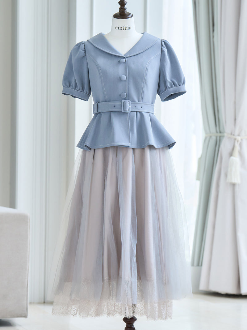 Puff-sleeve tulle one-piece