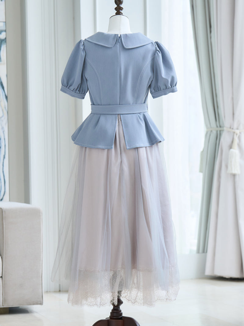 Puff-sleeve tulle one-piece